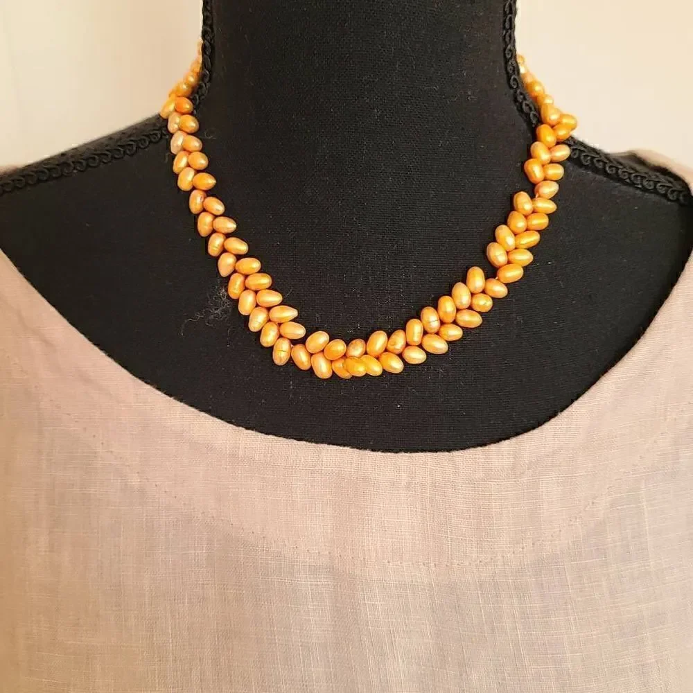 Womens Soft Golden Orange Gold Leaf Closure Double Layer Seed Pearl Necklace